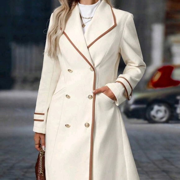 Women's Casual Collared Contrast Trim Button-Front Long Sleeve Coat - Picture 6 of 6